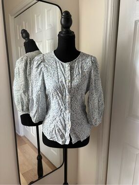 H&M Blue and White Floral Puff-Sleeve Blouse